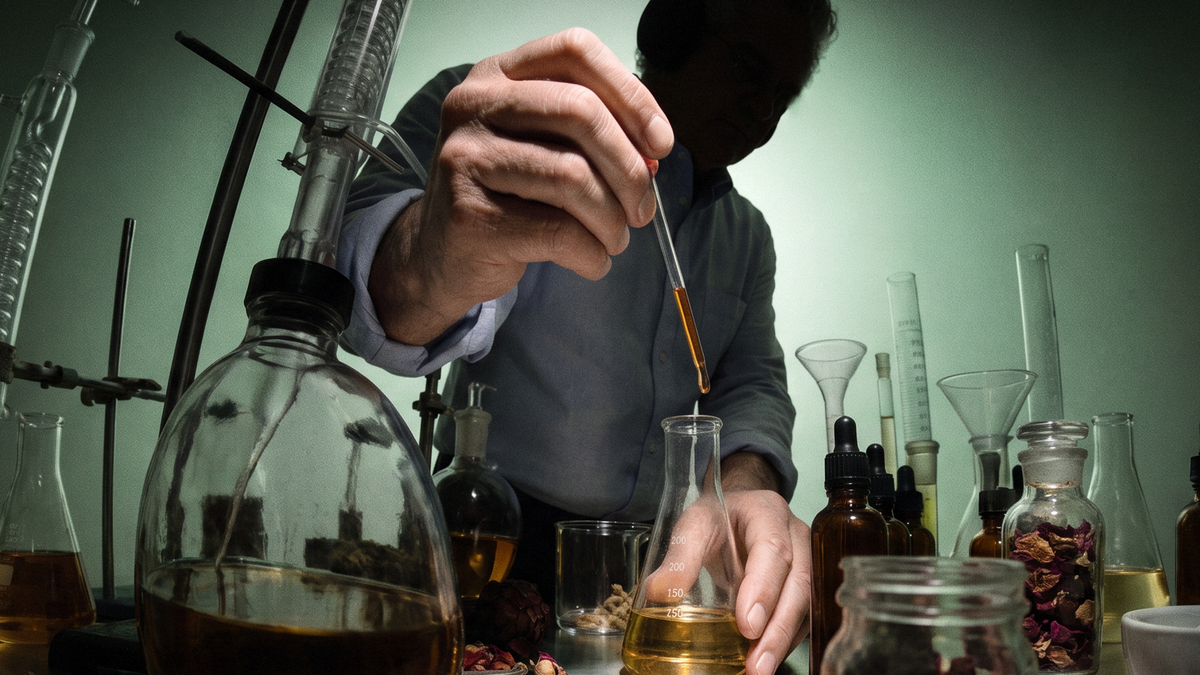 Perfumer adding a drop of oil to a flask, NBDY™ Extrait de Parfum