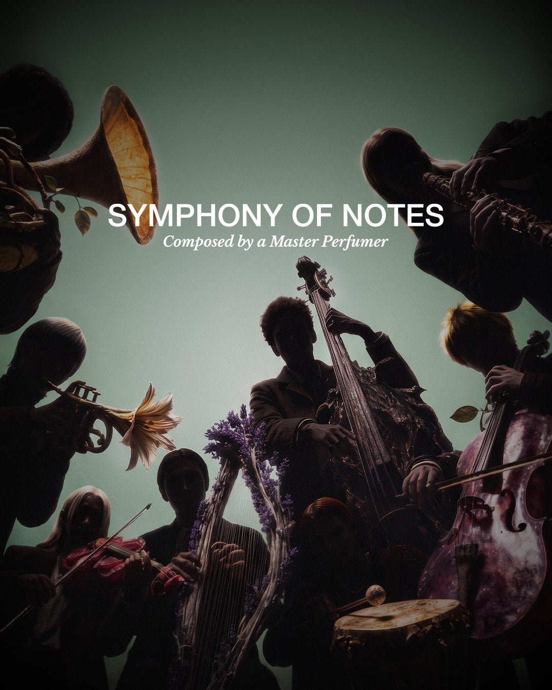 Musicians in silhouette playing instruments made of flowers and fruit, the Volume II Symphony of Notes artwork